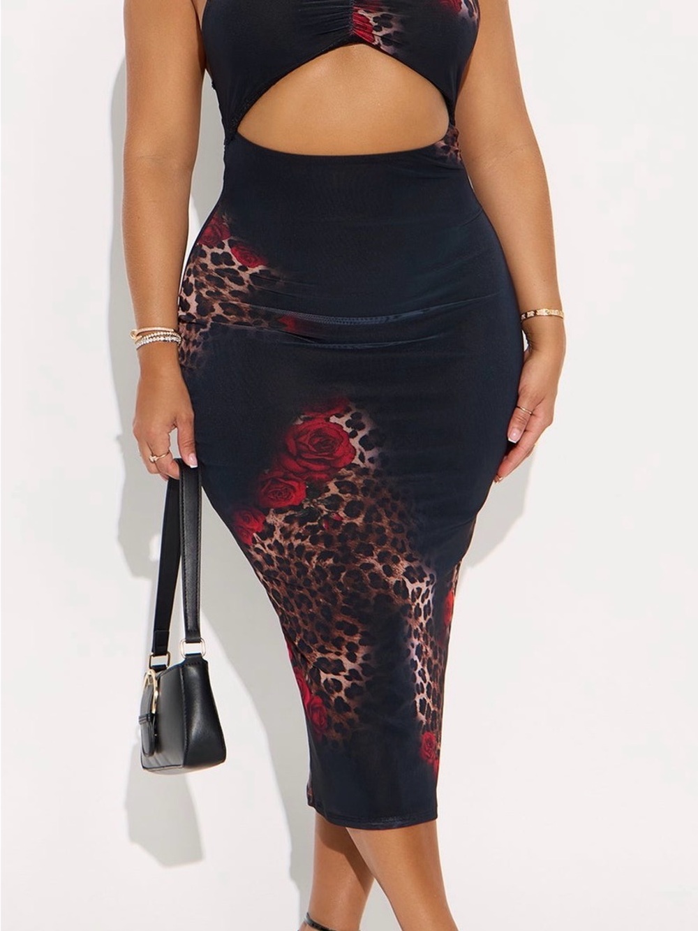 Fashion Nova Black Midi Skirt with Red Rose & Leopard Print